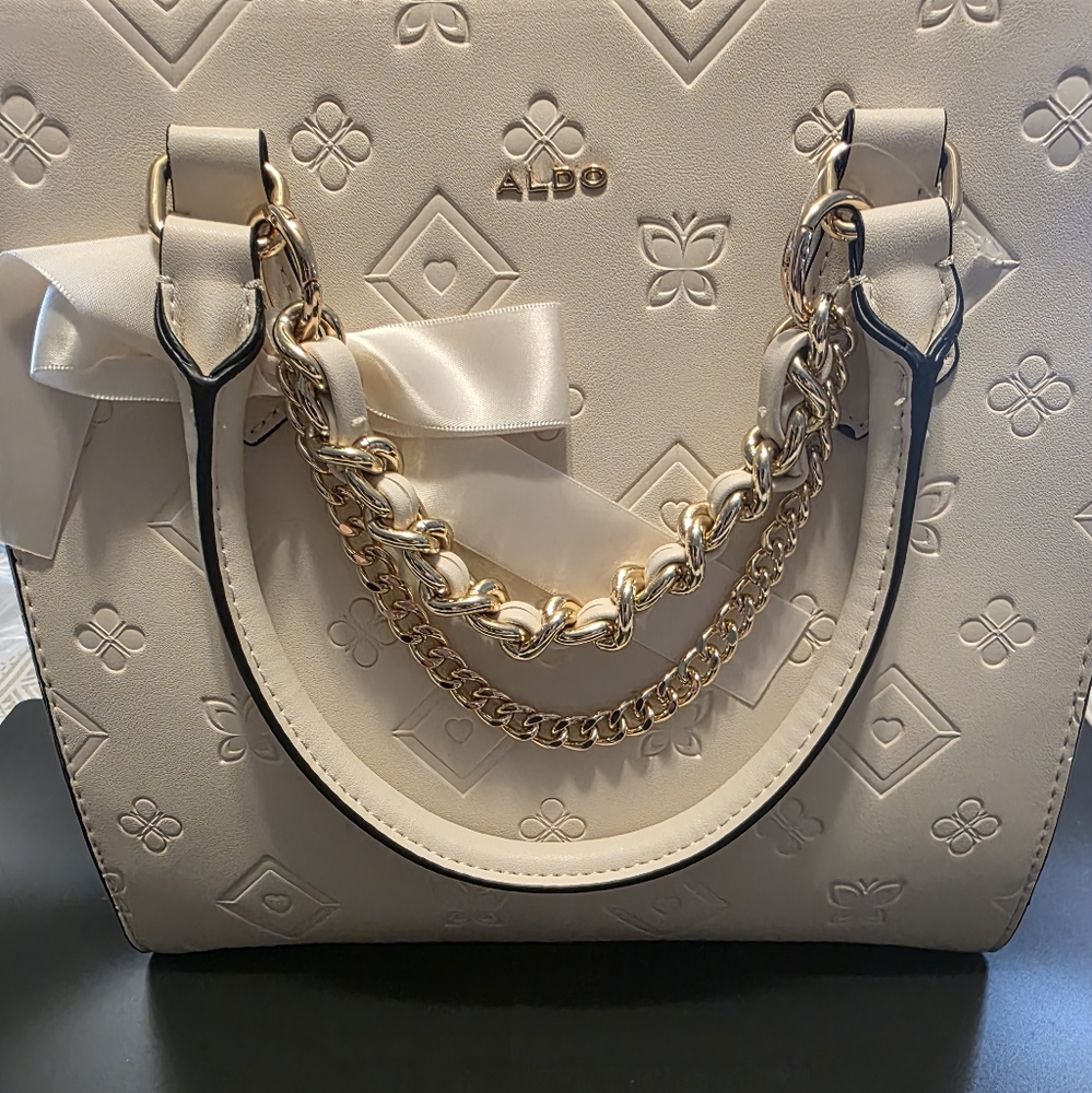 Aldo Cream Satchel with Gold Chain and Bow